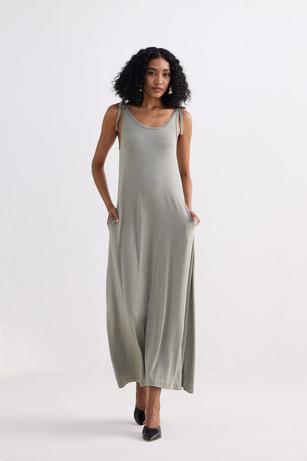 Tie-Detail Maxi Dress in Light Olive