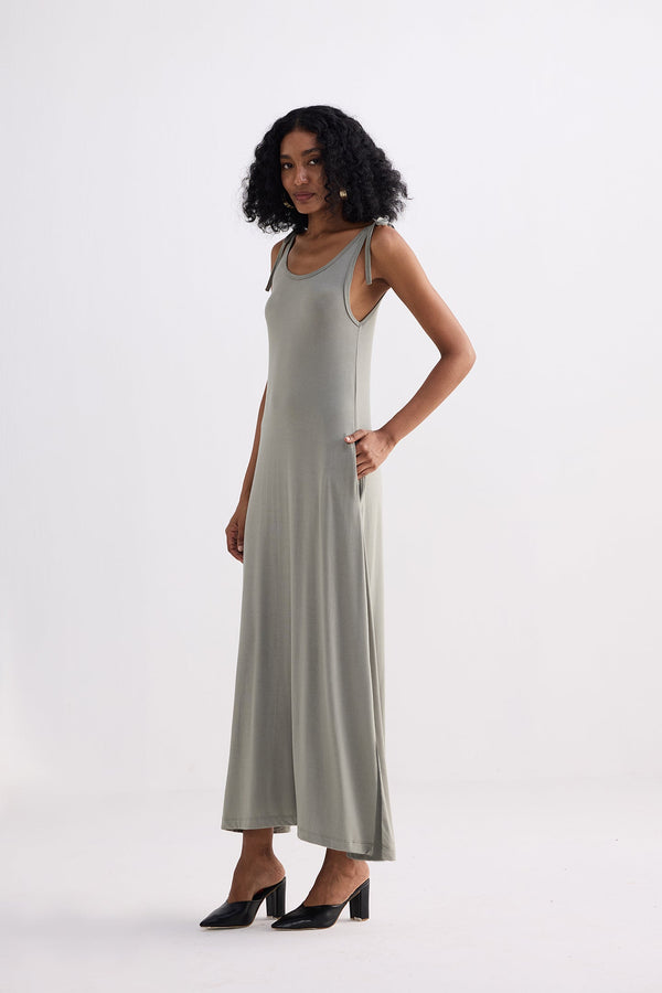 Tie-Detail Maxi Dress in Light Olive