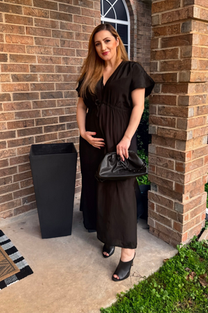Oversized Gathered V-neck Maxi Dress in Black