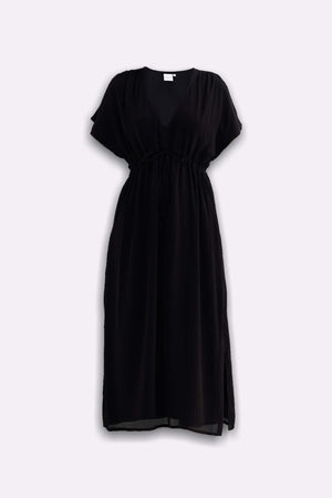 Oversized Gathered V-neck Maxi Dress in Black