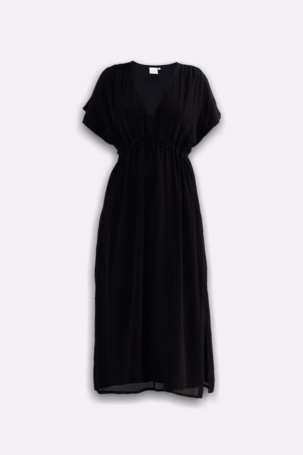 Oversized Gathered V-neck Maxi Dress in Black