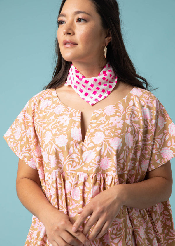 Meadow Dress - Floral Escape in Baked Clay & Neon Pink