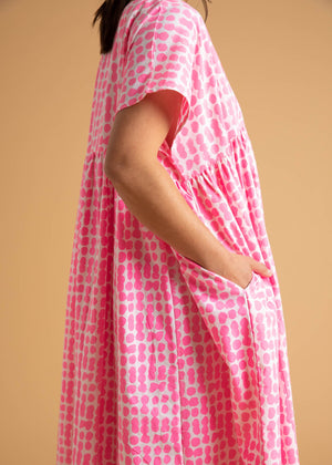 Meadow Dress - Messy Dots in Neon Pink