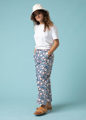 Shore Pant - Floral Escape in True Navy & Neon Peach