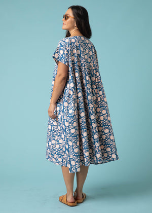 Meadow Dress - Floral Escape in True Navy & Neon Peach