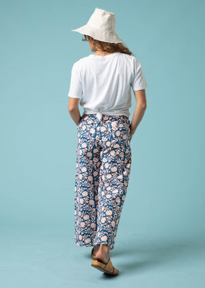 Shore Pant - Floral Escape in True Navy & Neon Peach
