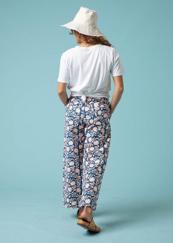 Shore Pant - Floral Escape in True Navy & Neon Peach