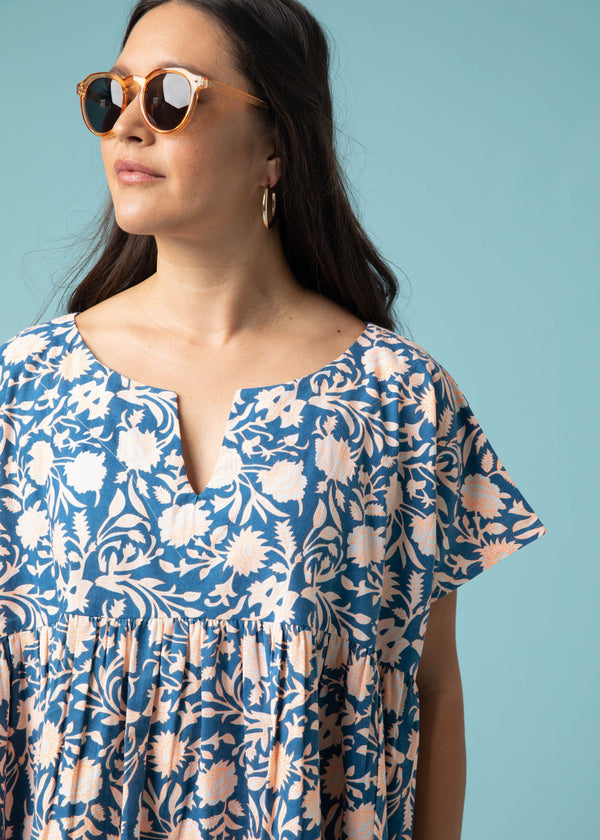 Meadow Dress - Floral Escape in True Navy & Neon Peach