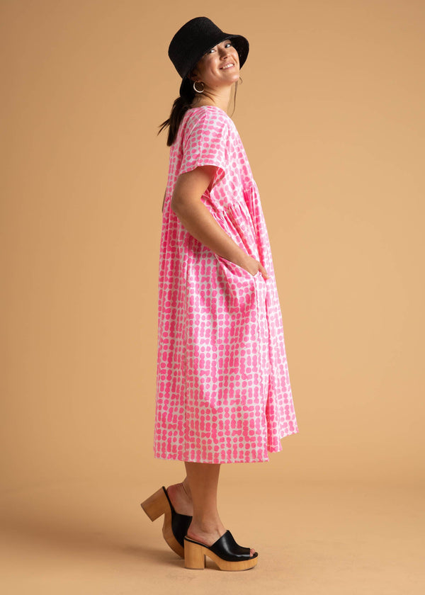 Meadow Dress - Messy Dots in Neon Pink