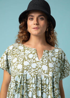 Meadow Dress - Floral Escape in Olive Oil & Cerulean