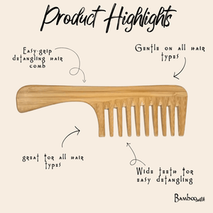 Bamboo Wide Tooth Comb with Handle | Flat Tips