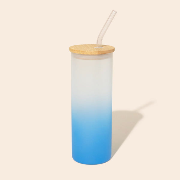 Colored Tall Glass Cup with Glass Straw