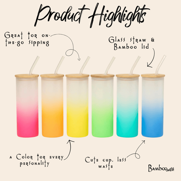 Colored Tall Glass Cup with Glass Straw