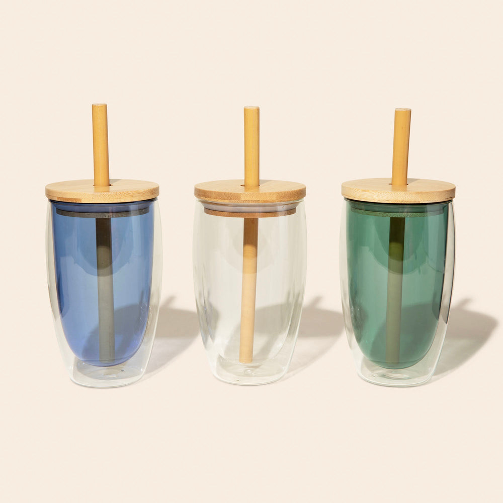 Double-Glass Cup With Bamboo Straw