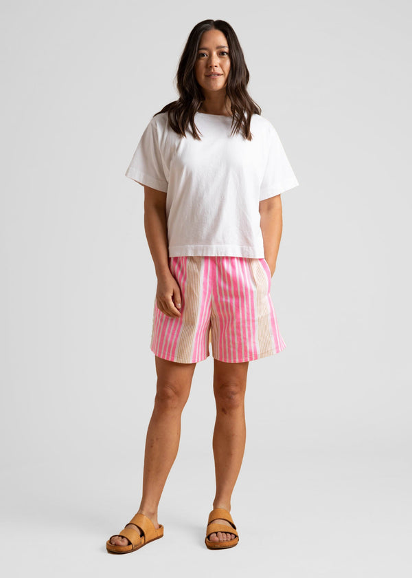 Shore Shorts - Mixed Up Stripe - Baked Clay & Neon Pink