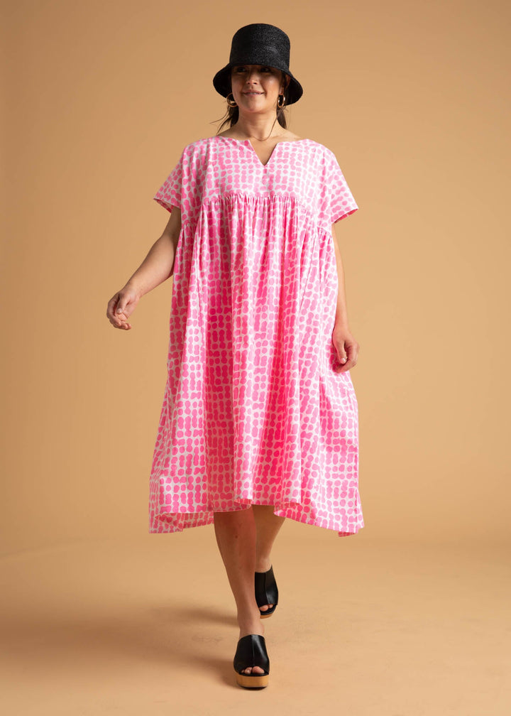 Meadow Dress - Messy Dots in Neon Pink