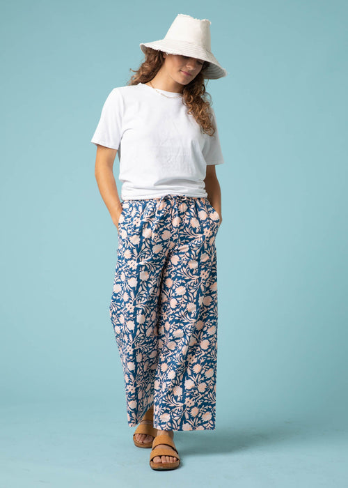 Shore Pant - Floral Escape in True Navy & Neon Peach