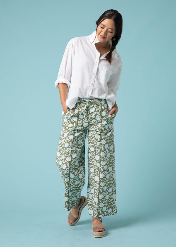 Shore Pant - Floral Escape in Olive Oil & Cerulean