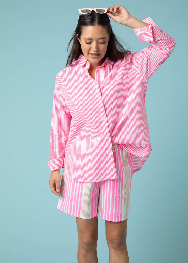 Good Boyfriend Shirt - Menswear Stripe Neon Pink