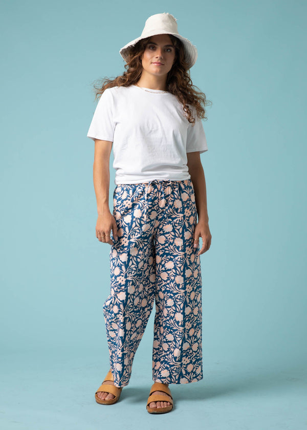 Shore Pant - Floral Escape in True Navy & Neon Peach